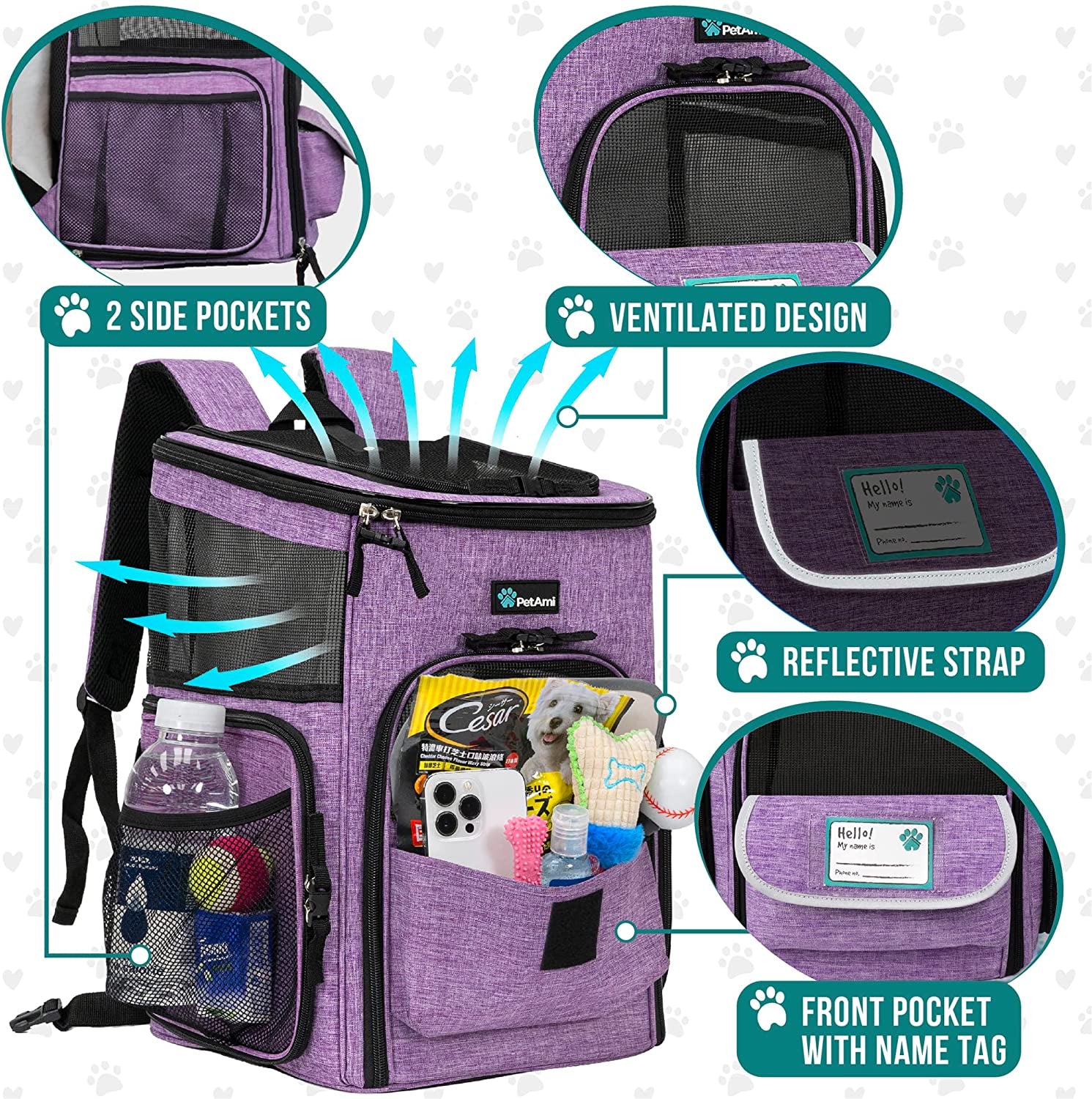 Airline Approved Dog & Cat Backpack Carrier - 4-Way Entry, Ventilated Mesh, Collapsible Design for Small Pets (Up to 18 lbs) - Perfect for Hiking, Travel, and Vet Visits - Stylish Purple