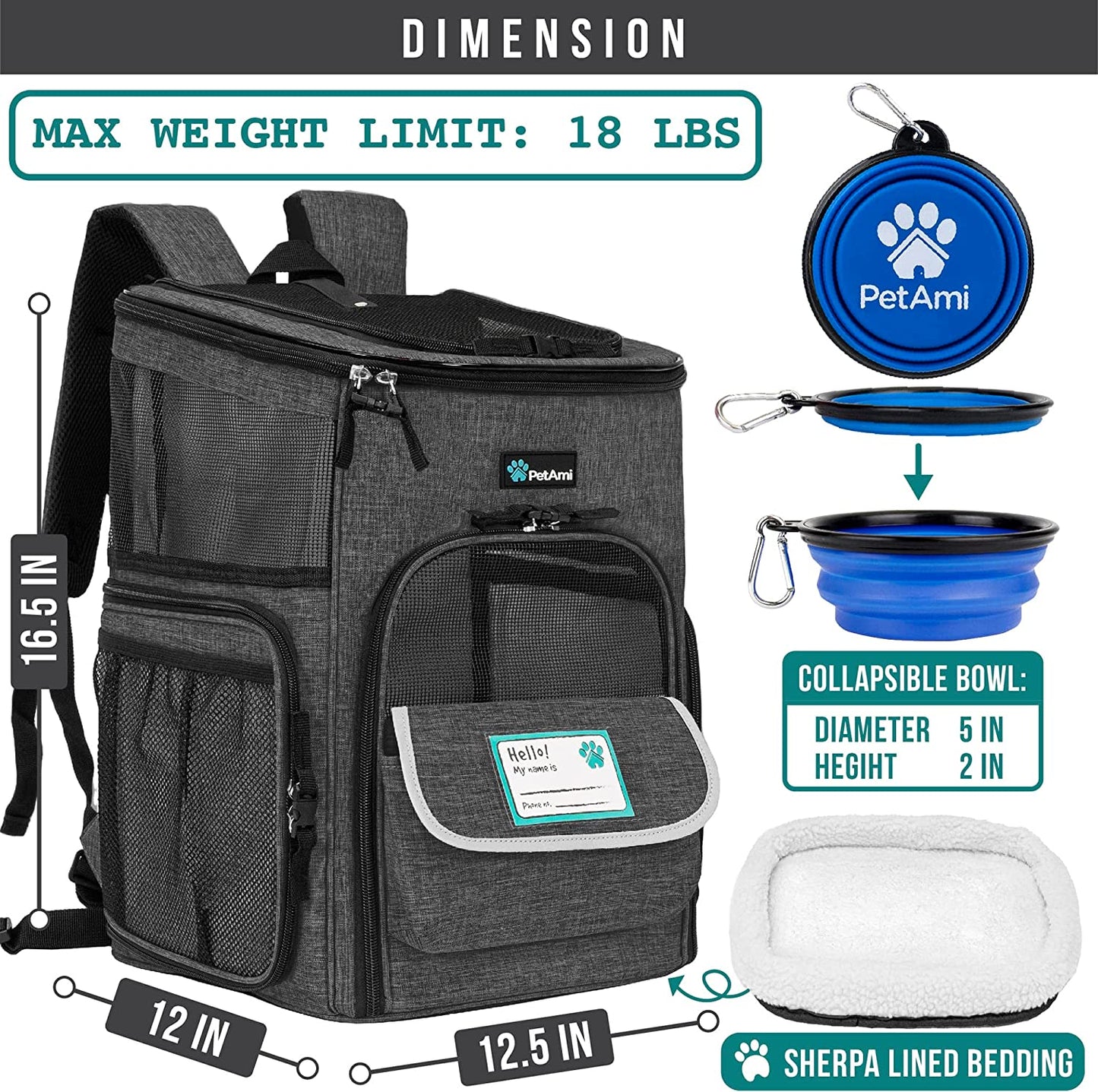 Airline Approved Dog Backpack Carrier - 4-Way Entry Cat Backpack with Ventilated Mesh, Collapsible Design for Small Pets (up to 18 lbs) - Perfect for Hiking, Travel, and Vet Visits - Charcoal Gray