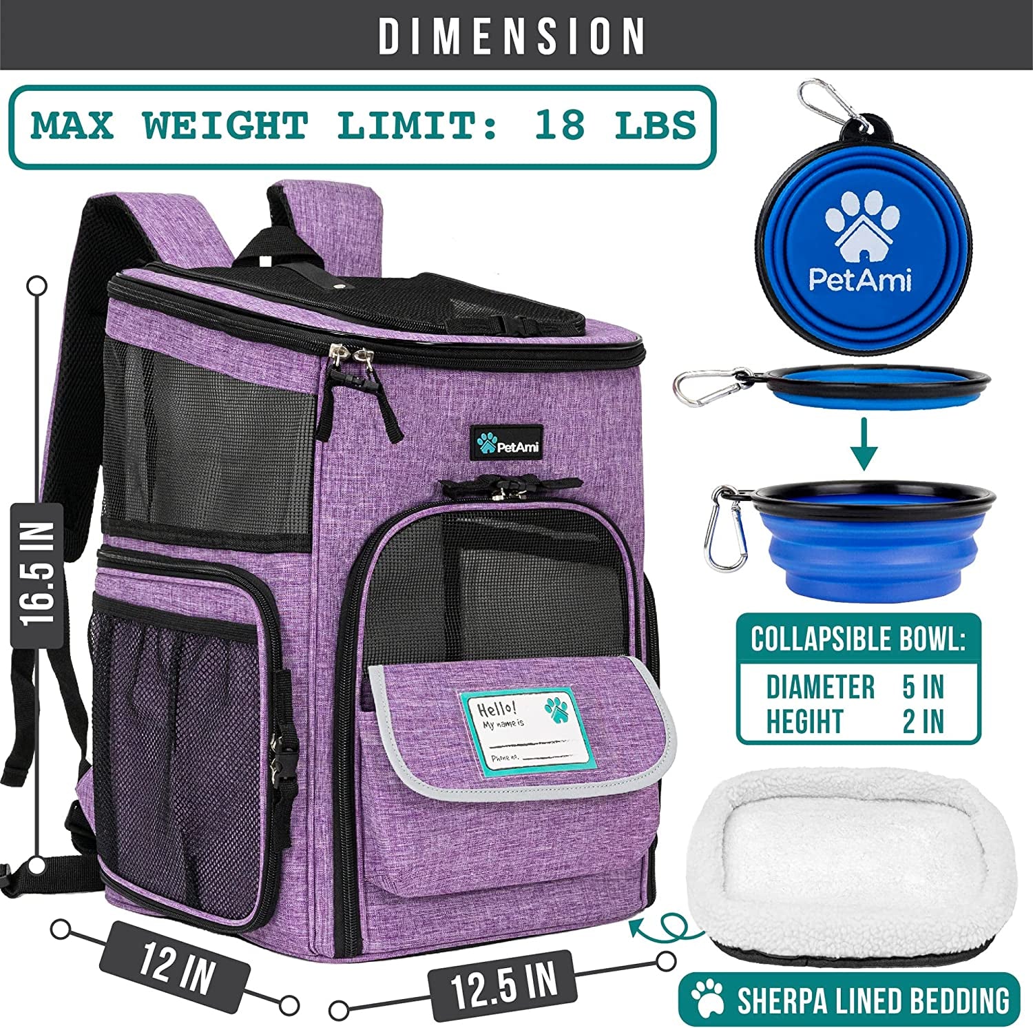 Airline Approved Dog & Cat Backpack Carrier - 4-Way Entry, Ventilated Mesh, Collapsible Design for Small Pets (Up to 18 lbs) - Perfect for Hiking, Travel, and Vet Visits - Stylish Purple