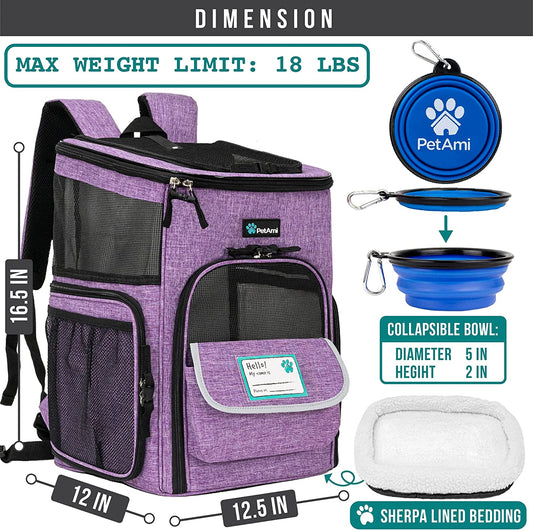 Airline Approved Dog & Cat Backpack Carrier - 4-Way Entry, Ventilated Mesh, Collapsible Design for Small Pets (Up to 18 lbs) - Perfect for Hiking, Travel, and Vet Visits - Stylish Purple