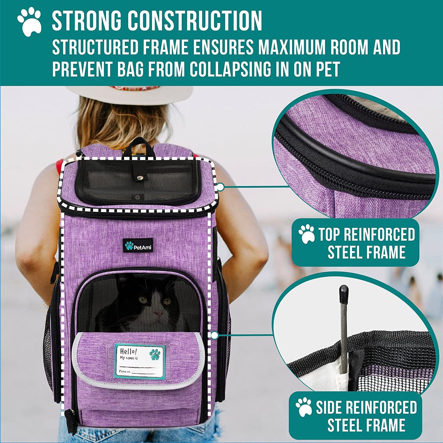 Airline Approved Dog & Cat Backpack Carrier - 4-Way Entry, Ventilated Mesh, Collapsible Design for Small Pets (Up to 18 lbs) - Perfect for Hiking, Travel, and Vet Visits - Stylish Purple