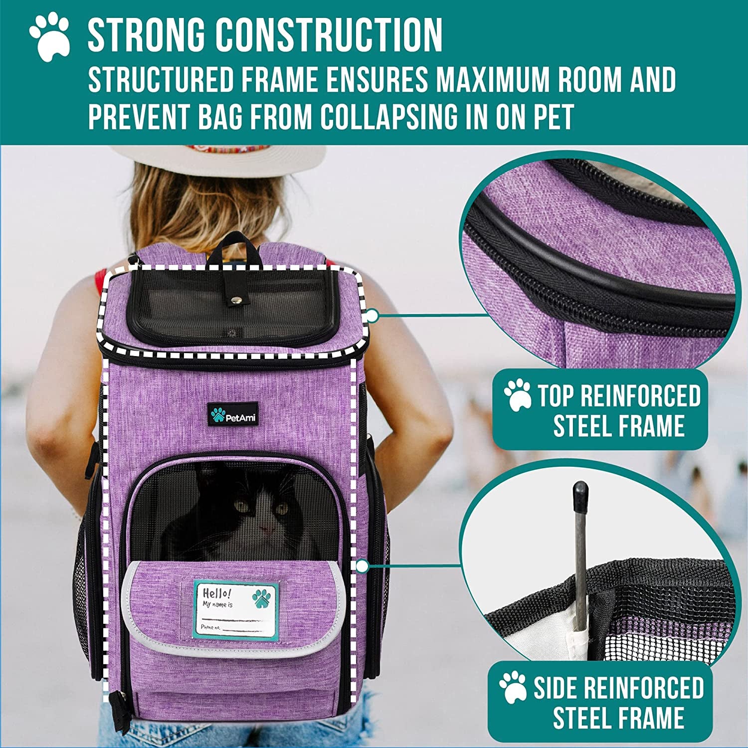 Airline Approved Dog & Cat Backpack Carrier - 4-Way Entry, Ventilated Mesh, Collapsible Design for Small Pets (Up to 18 lbs) - Perfect for Hiking, Travel, and Vet Visits - Stylish Purple