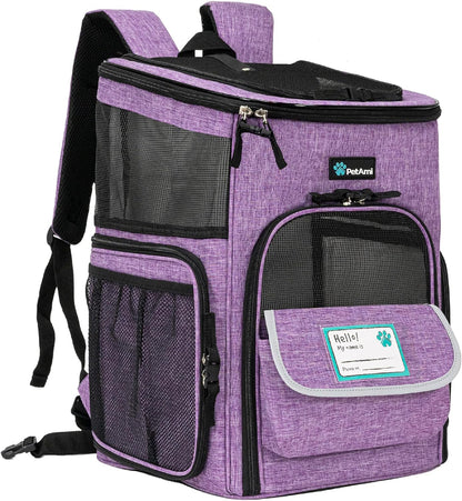Airline Approved Dog & Cat Backpack Carrier - 4-Way Entry, Ventilated Mesh, Collapsible Design for Small Pets (Up to 18 lbs) - Perfect for Hiking, Travel, and Vet Visits - Stylish Purple