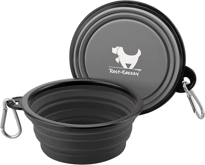 Travel-Friendly Collapsible Dog Bowls - 2-Pack Portable Feeding & Watering Dishes with Carabiners, BPA Free (Large Grey & Black)