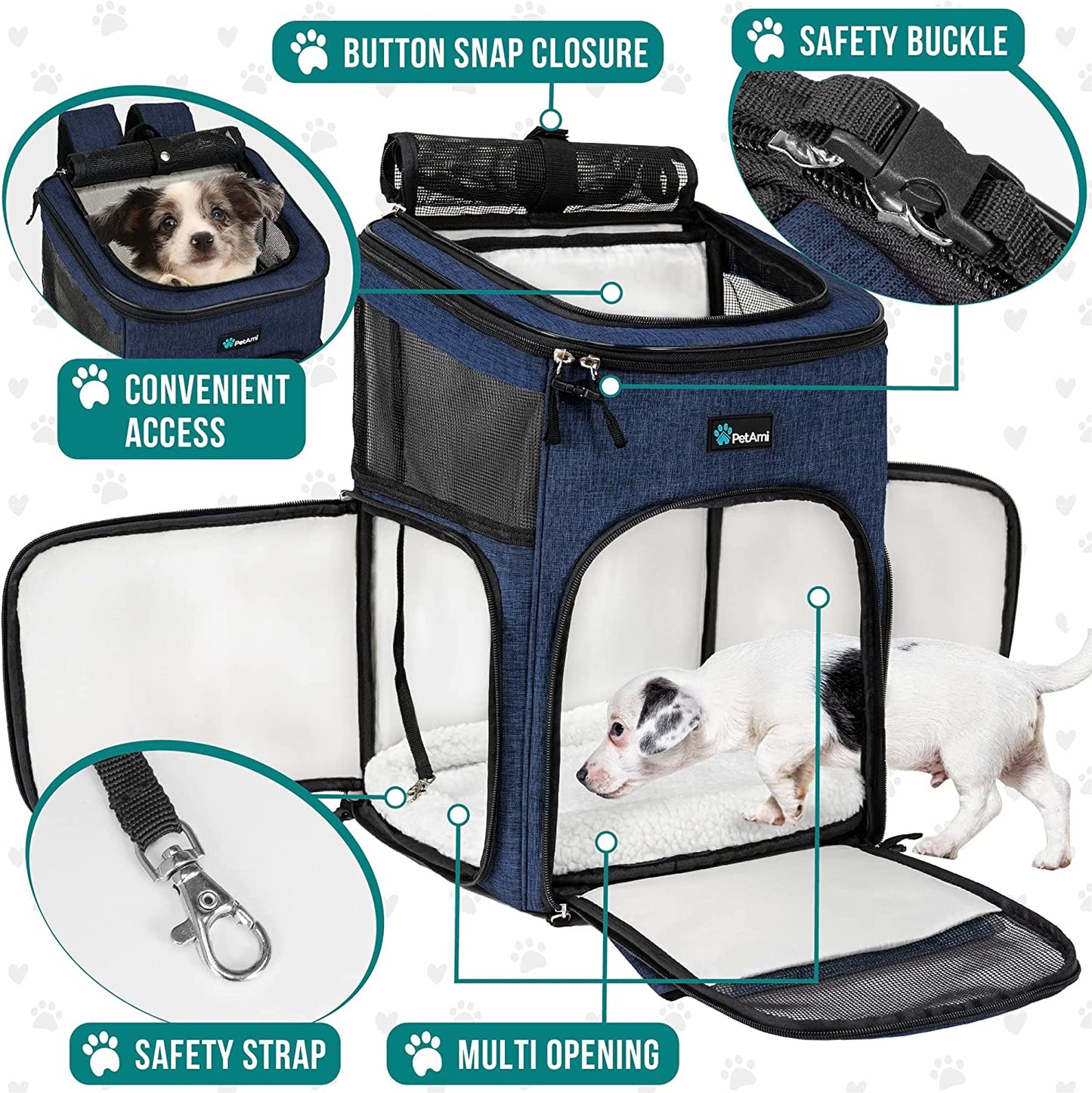 Airline Approved Dog Backpack Carrier - 4-Way Entry, Ventilated Mesh, Collapsible Pet Carrier for Small Dogs & Cats (up to 18 lbs) - Perfect for Hiking, Travel, and Vet Visits - Navy Blue