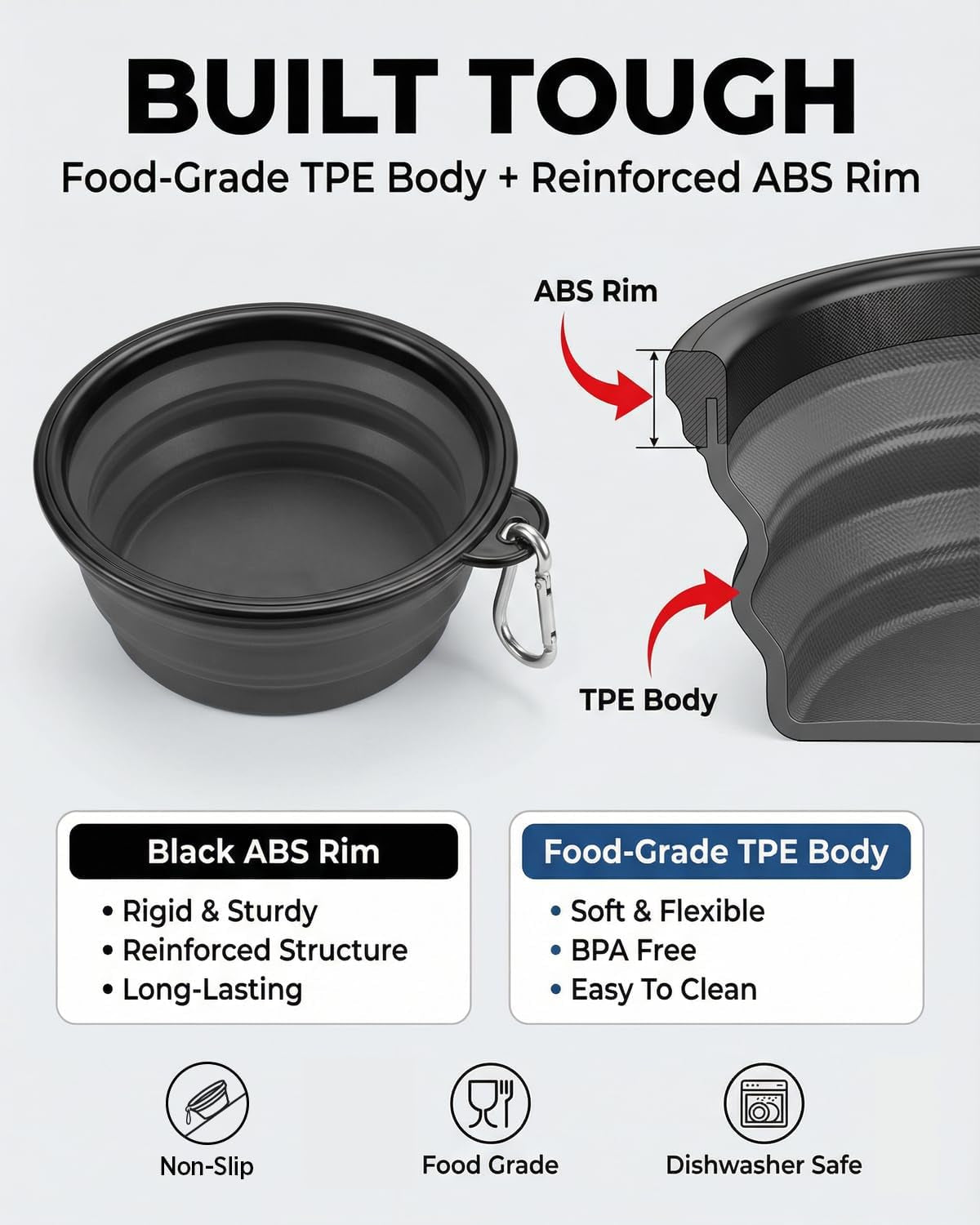 Travel-Friendly Collapsible Dog Bowls - 2-Pack Portable Feeding & Watering Dishes with Carabiners, BPA Free (Large Grey & Black)