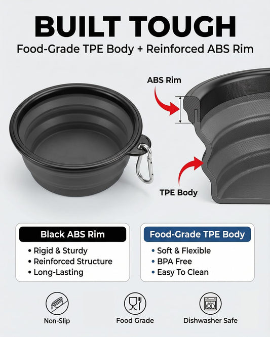 Travel-Friendly Collapsible Dog Bowls - 2-Pack Portable Feeding & Watering Dishes with Carabiners, BPA Free (Large Grey & Black)