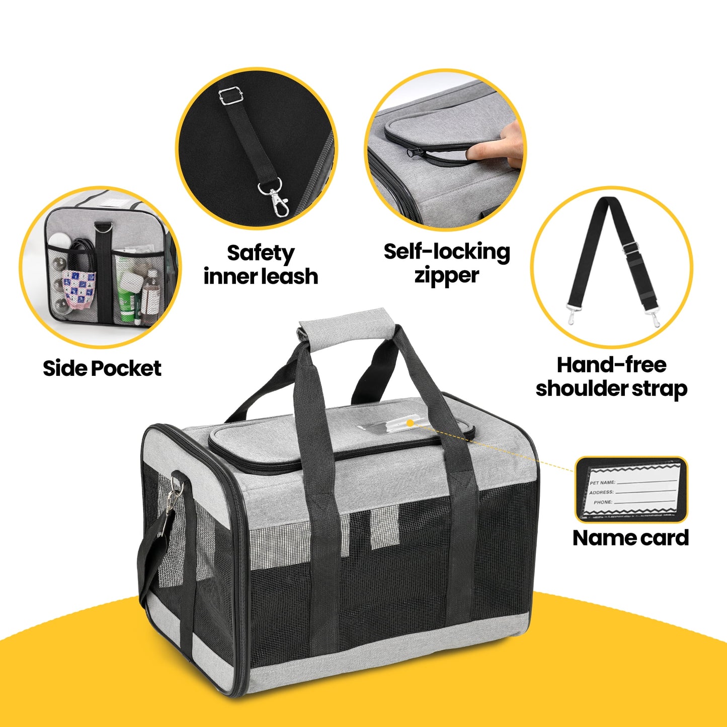 Premium Foldable Large Cat Carrier - Soft-Sided Travel Bag with Safety Leash for Dogs & Cats - Comfortable Gray Design