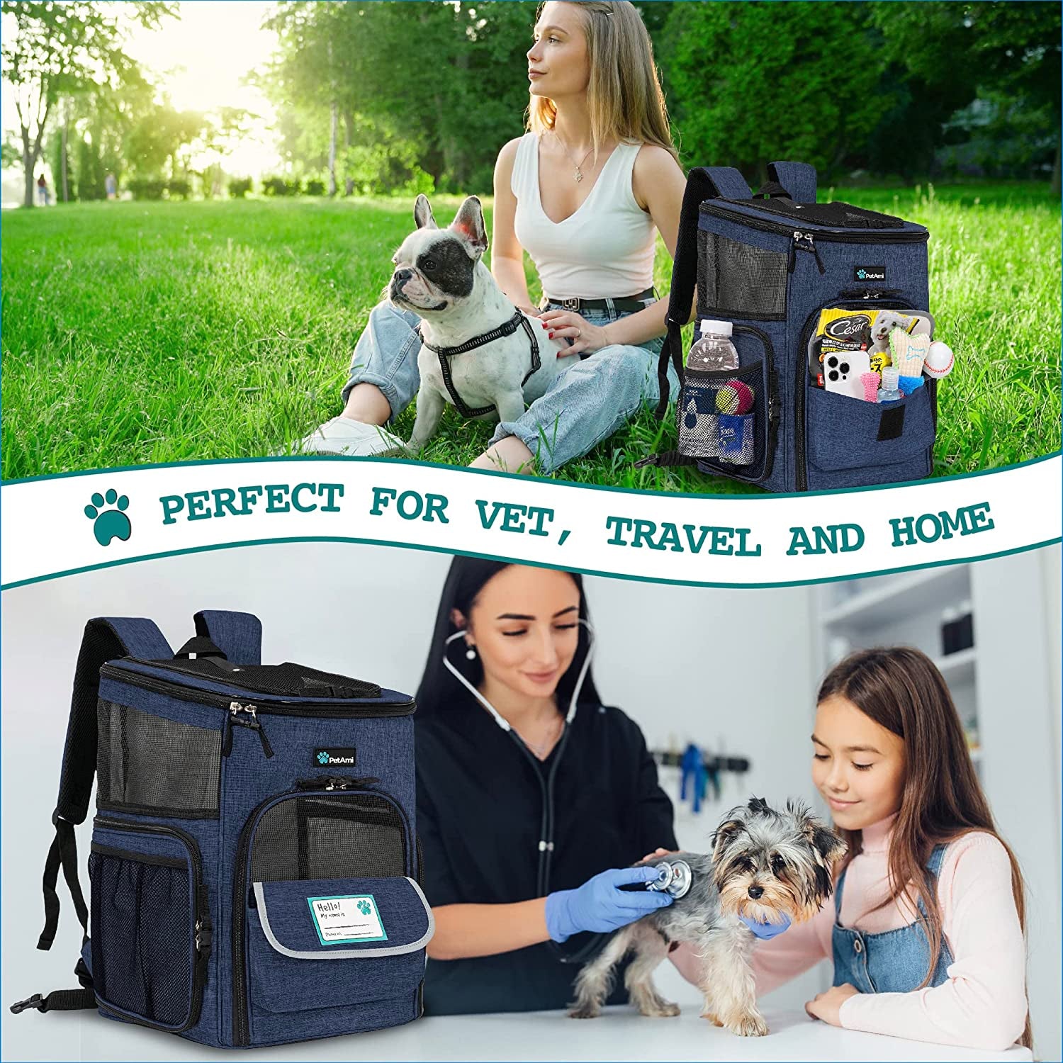 Airline Approved Dog Backpack Carrier - 4-Way Entry, Ventilated Mesh, Collapsible Pet Carrier for Small Dogs & Cats (up to 18 lbs) - Perfect for Hiking, Travel, and Vet Visits - Navy Blue