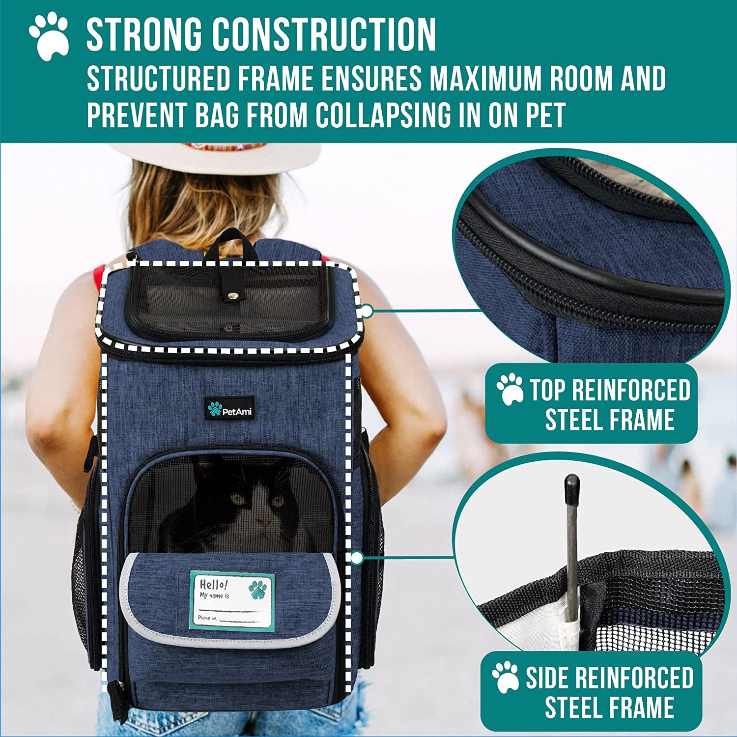 Airline Approved Dog Backpack Carrier - 4-Way Entry, Ventilated Mesh, Collapsible Pet Carrier for Small Dogs & Cats (up to 18 lbs) - Perfect for Hiking, Travel, and Vet Visits - Navy Blue