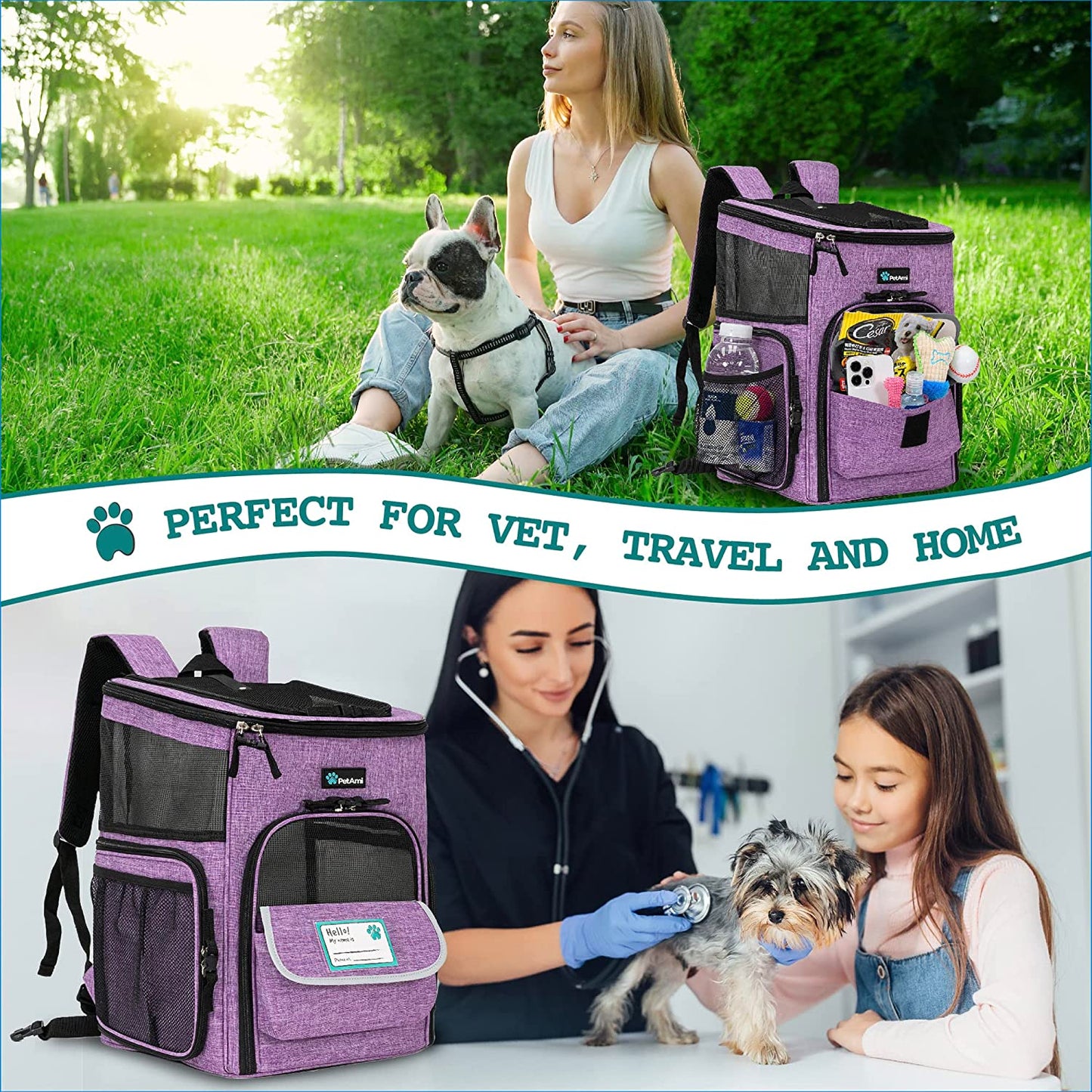 Airline Approved Dog & Cat Backpack Carrier - 4-Way Entry, Ventilated Mesh, Collapsible Design for Small Pets (Up to 18 lbs) - Perfect for Hiking, Travel, and Vet Visits - Stylish Purple