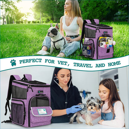 Airline Approved Dog & Cat Backpack Carrier - 4-Way Entry, Ventilated Mesh, Collapsible Design for Small Pets (Up to 18 lbs) - Perfect for Hiking, Travel, and Vet Visits - Stylish Purple
