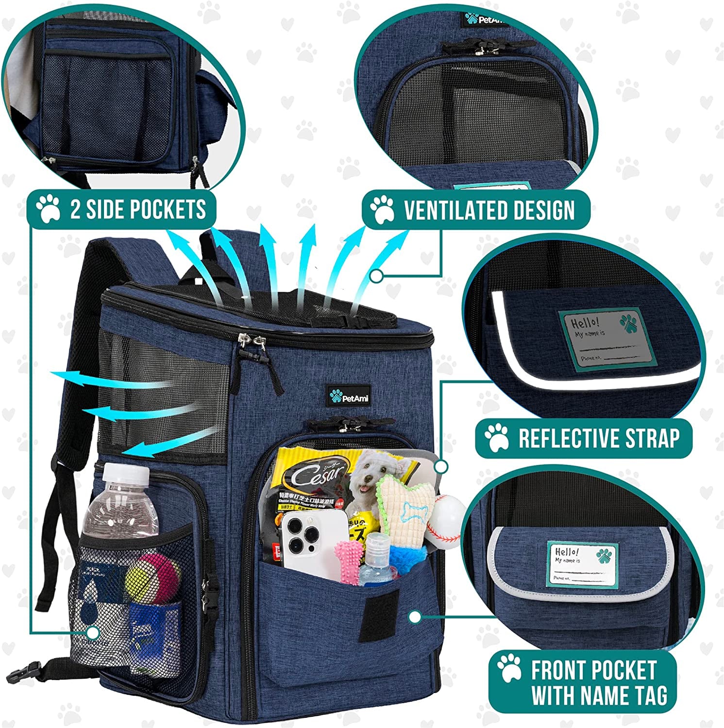 Airline Approved Dog Backpack Carrier - 4-Way Entry, Ventilated Mesh, Collapsible Pet Carrier for Small Dogs & Cats (up to 18 lbs) - Perfect for Hiking, Travel, and Vet Visits - Navy Blue