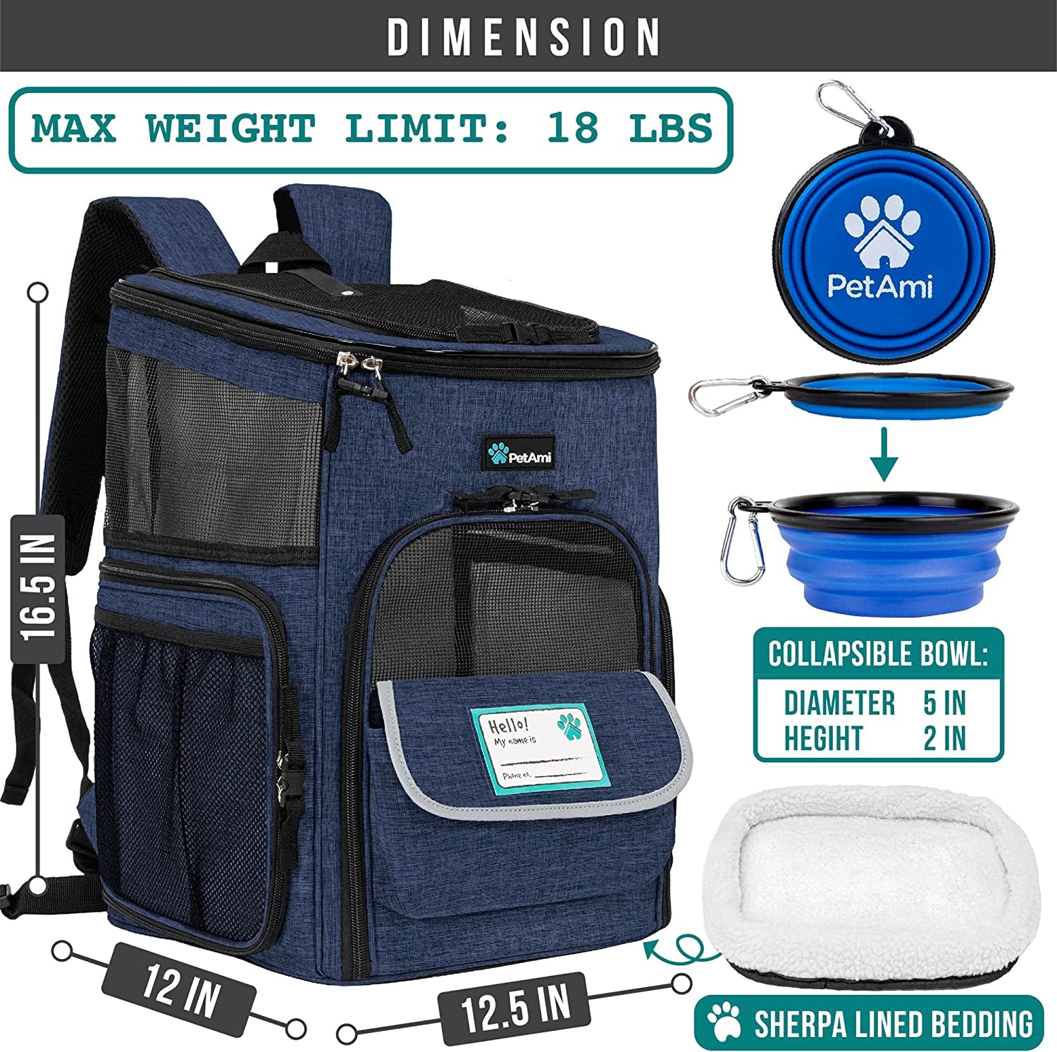 Airline Approved Dog Backpack Carrier - 4-Way Entry, Ventilated Mesh, Collapsible Pet Carrier for Small Dogs & Cats (up to 18 lbs) - Perfect for Hiking, Travel, and Vet Visits - Navy Blue