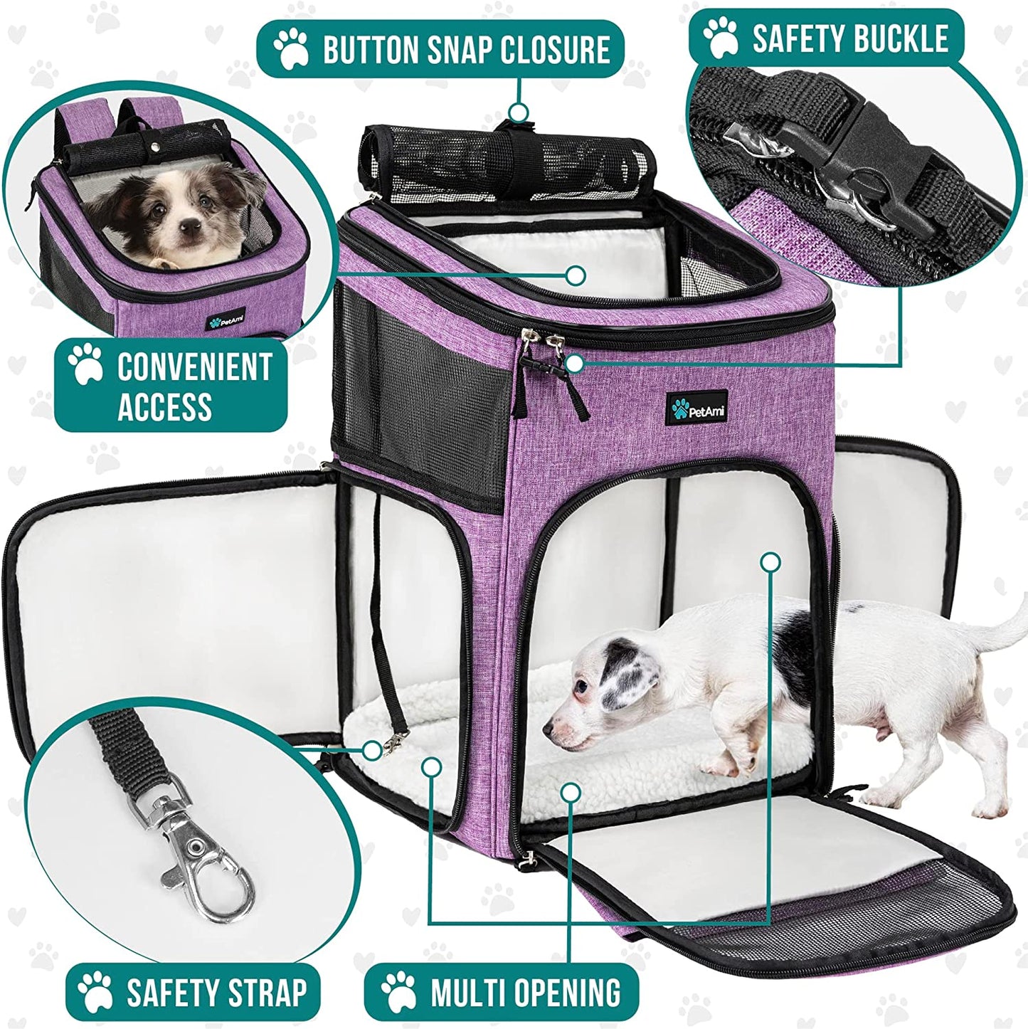 Airline Approved Dog & Cat Backpack Carrier - 4-Way Entry, Ventilated Mesh, Collapsible Design for Small Pets (Up to 18 lbs) - Perfect for Hiking, Travel, and Vet Visits - Stylish Purple