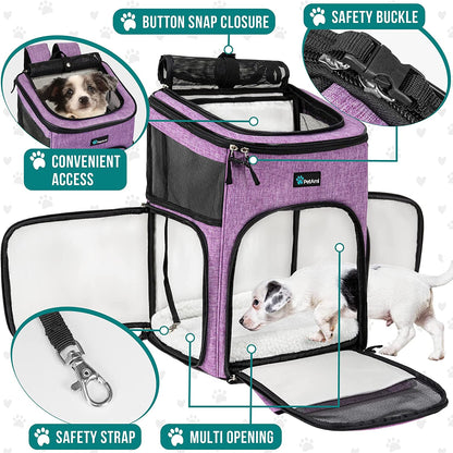 Airline Approved Dog & Cat Backpack Carrier - 4-Way Entry, Ventilated Mesh, Collapsible Design for Small Pets (Up to 18 lbs) - Perfect for Hiking, Travel, and Vet Visits - Stylish Purple